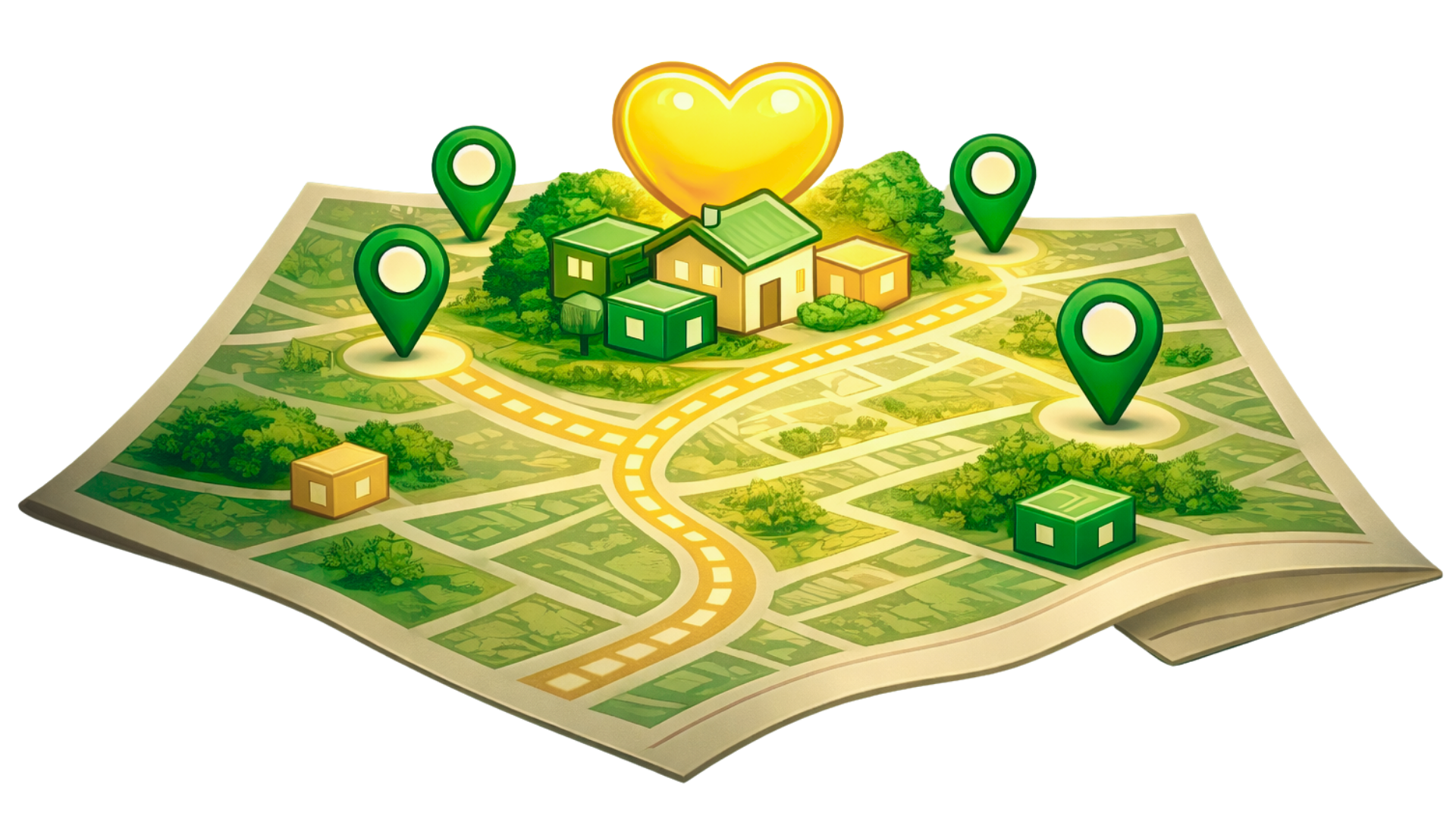 Illustrated neighborhood map with location pins marking OurSpace storage hosts and a heart icon representing community