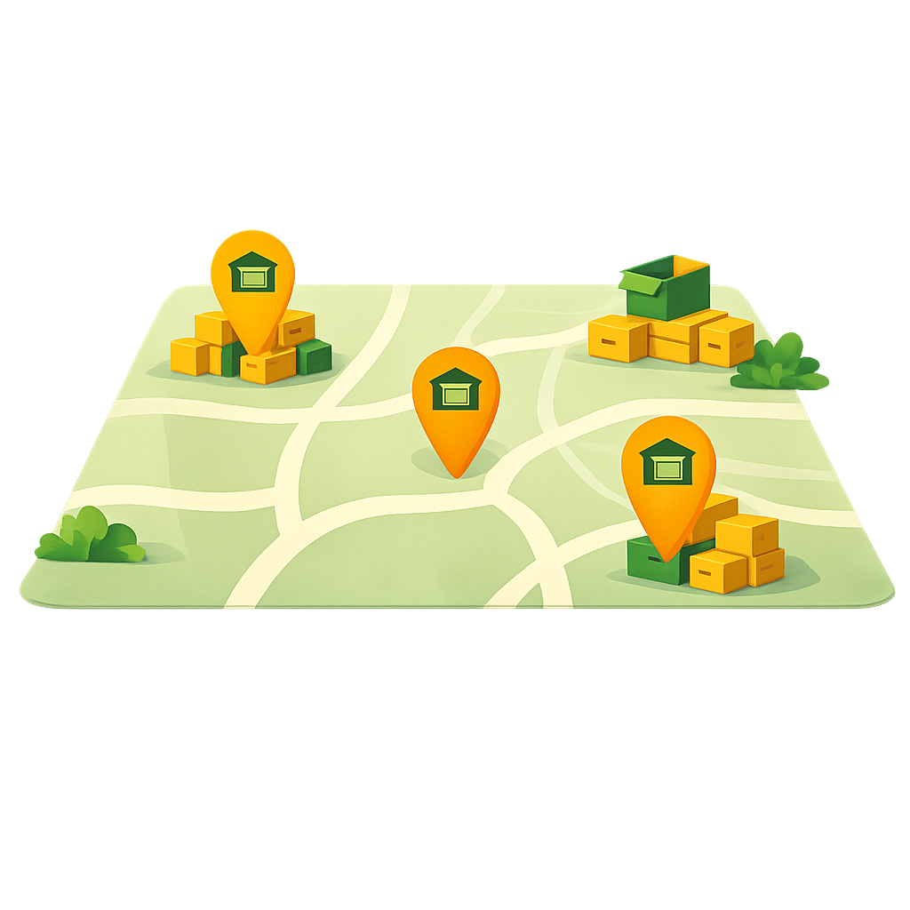 Illustrated map showing multiple storage listing locations with house and box icons
