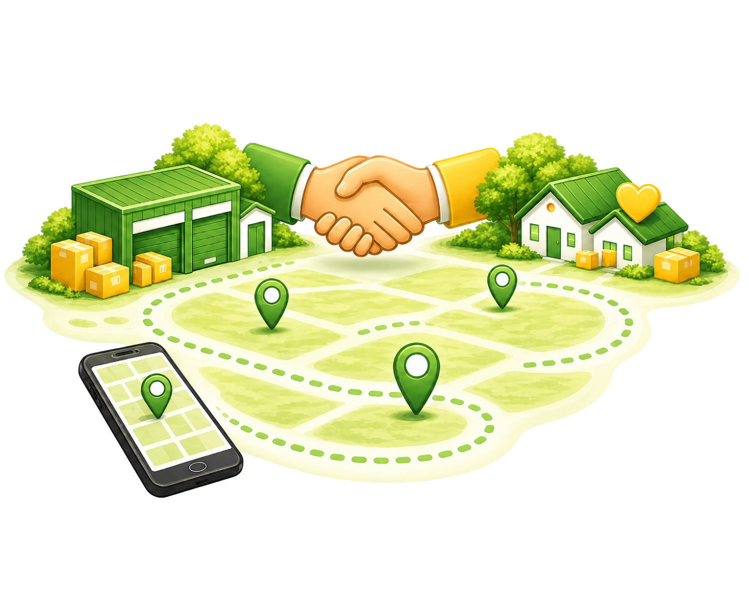 Host and renter shaking hands with a phone showing a storage location route on a map