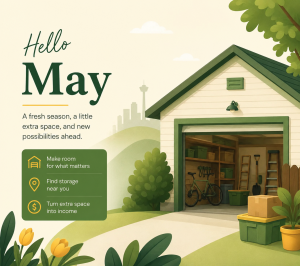 Illustration of an organized Calgary garage with storage bins, boxes and a bicycle for the OurSpace May 2026 newsletter.