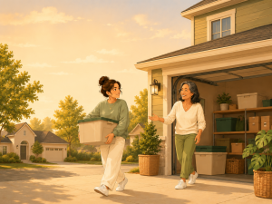 Illustration of two neighbours using a clean garage storage space in Calgary during golden hour.