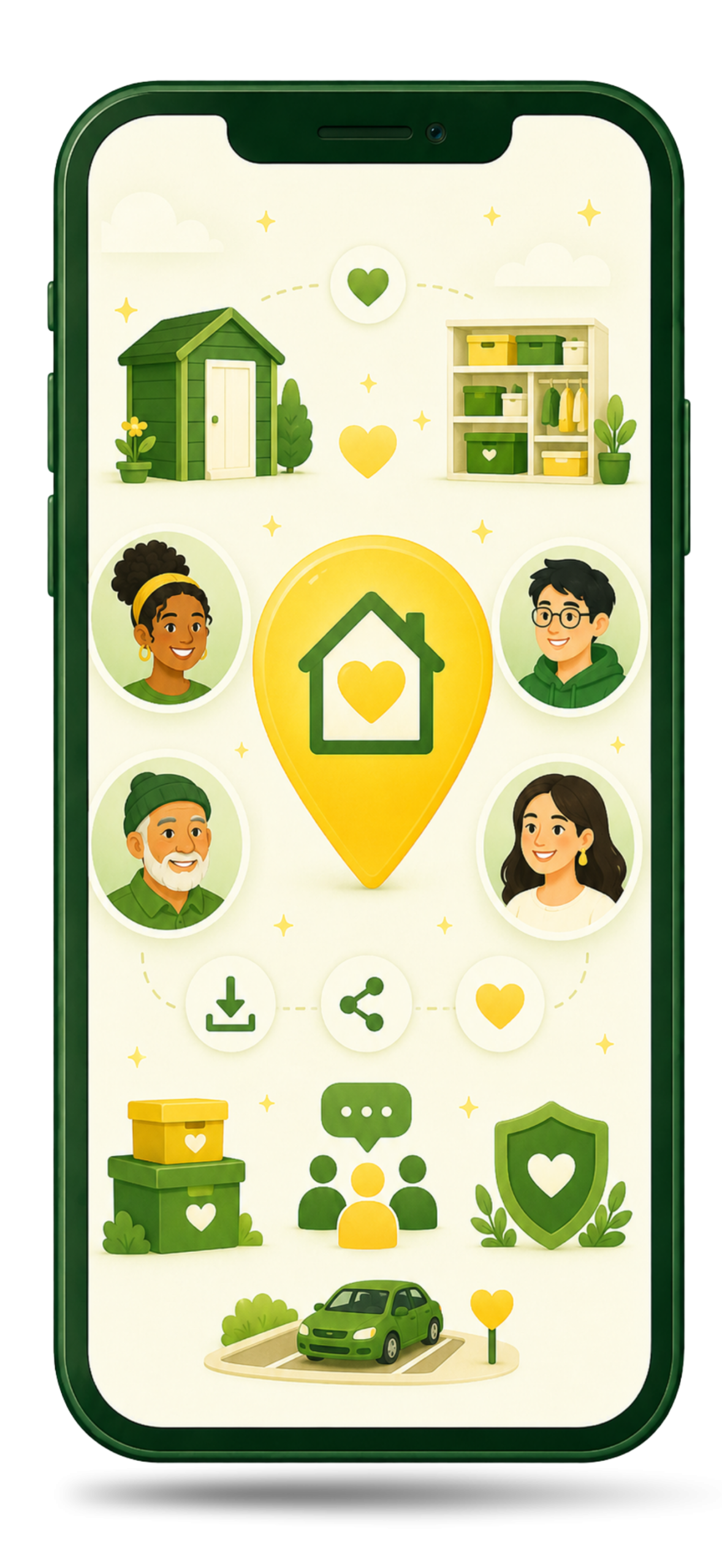OurSpace app screen showing storage spaces, community members, and features like saving, sharing, and secure hosting