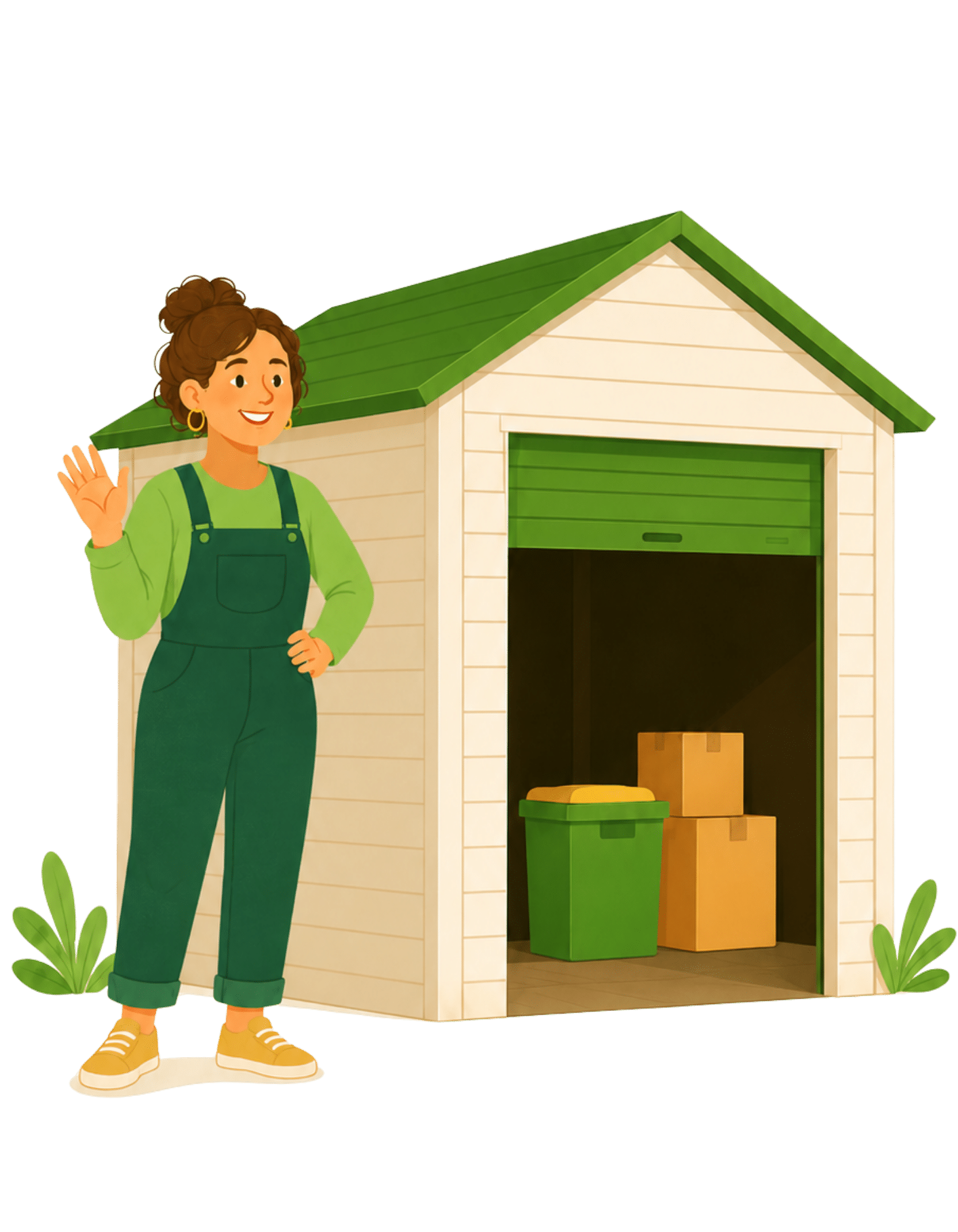 Smiling OurSpace host standing beside an open storage shed with organized boxes and bins inside
