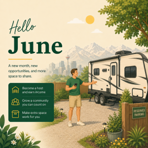 Illustration of an OurSpace host standing beside an RV parking space in Calgary with mountains in the background for the June 2026 newsletter.