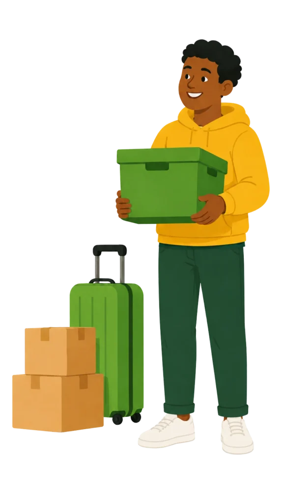 OurSpace renter holding a moving box beside packed boxes and a suitcase ready for storage