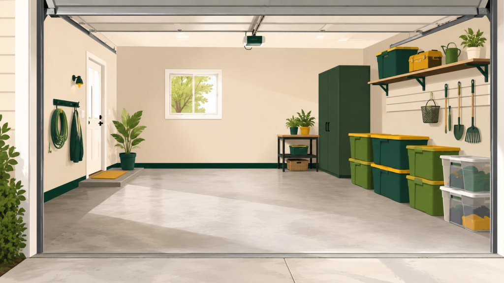 Half-empty garage with organized storage bins along the wall