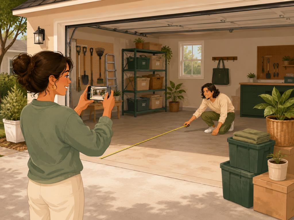 Two OurSpace hosts prepare a clean garage by measuring the available floor space and taking clear photos for a storage listing.
