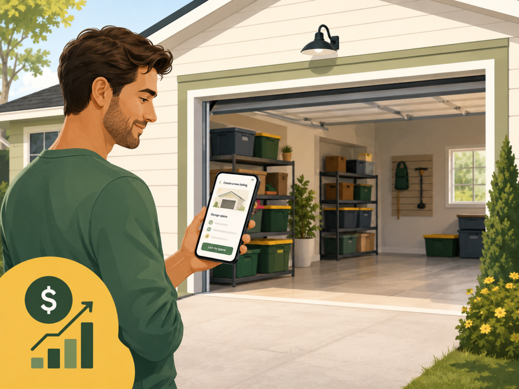 Homeowner using the OurSpace app to list an organized garage for local storage rental.