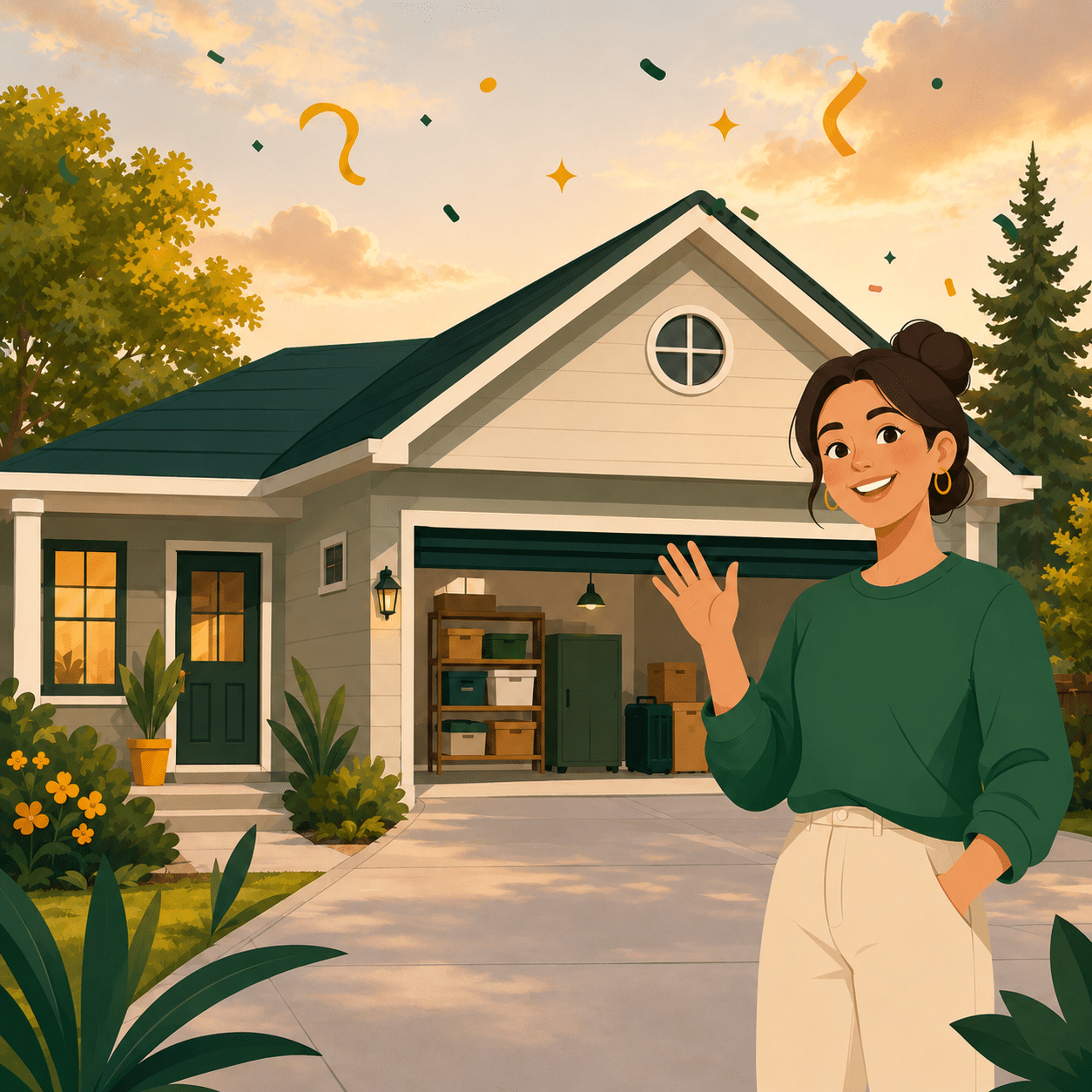 OurSpace host waving in front of her Alberta home and open garage during the First 100 Hosts Contest