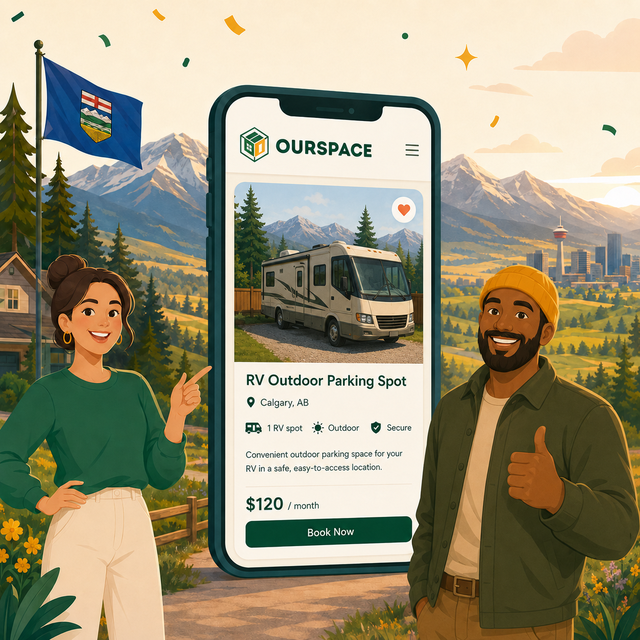 Alberta hosts beside the OurSpace app showing an outdoor RV parking space listing in Calgary