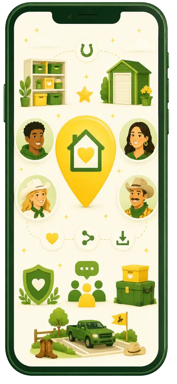 OurSpace app screen showing storage listings, host and renter connections, and community features