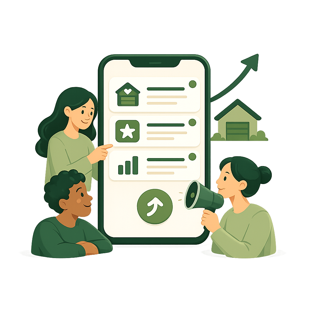 OurSpace community members gathered around a mobile app with listing, achievement, and growth icons