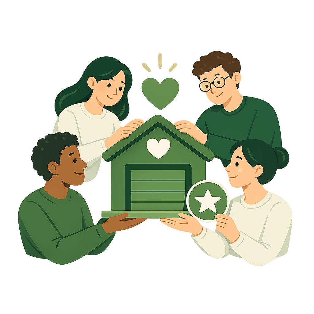 Four OurSpace community members supporting a garage symbol with heart and achievement icons