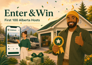 Promotional cover image for the OurSpace First 100 Alberta Hosts Contest featuring hosts, a home, RV parking listing, and cash prize visuals