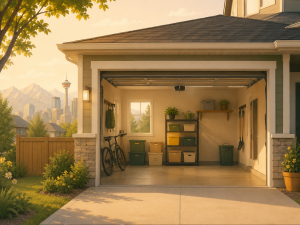 Open organized garage with storage bins, a bicycle, and empty floor space ready for storage rental in Calgary.
