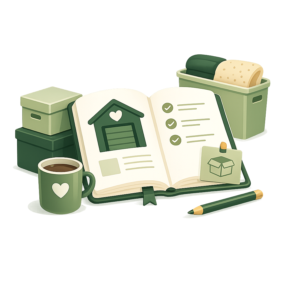 Open OurSpace journal with a garage illustration, checklist, storage boxes, mug, and pencil