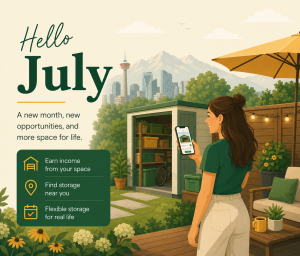 Illustration of a woman viewing a backyard storage listing on her phone with the Calgary skyline and mountains in the background.