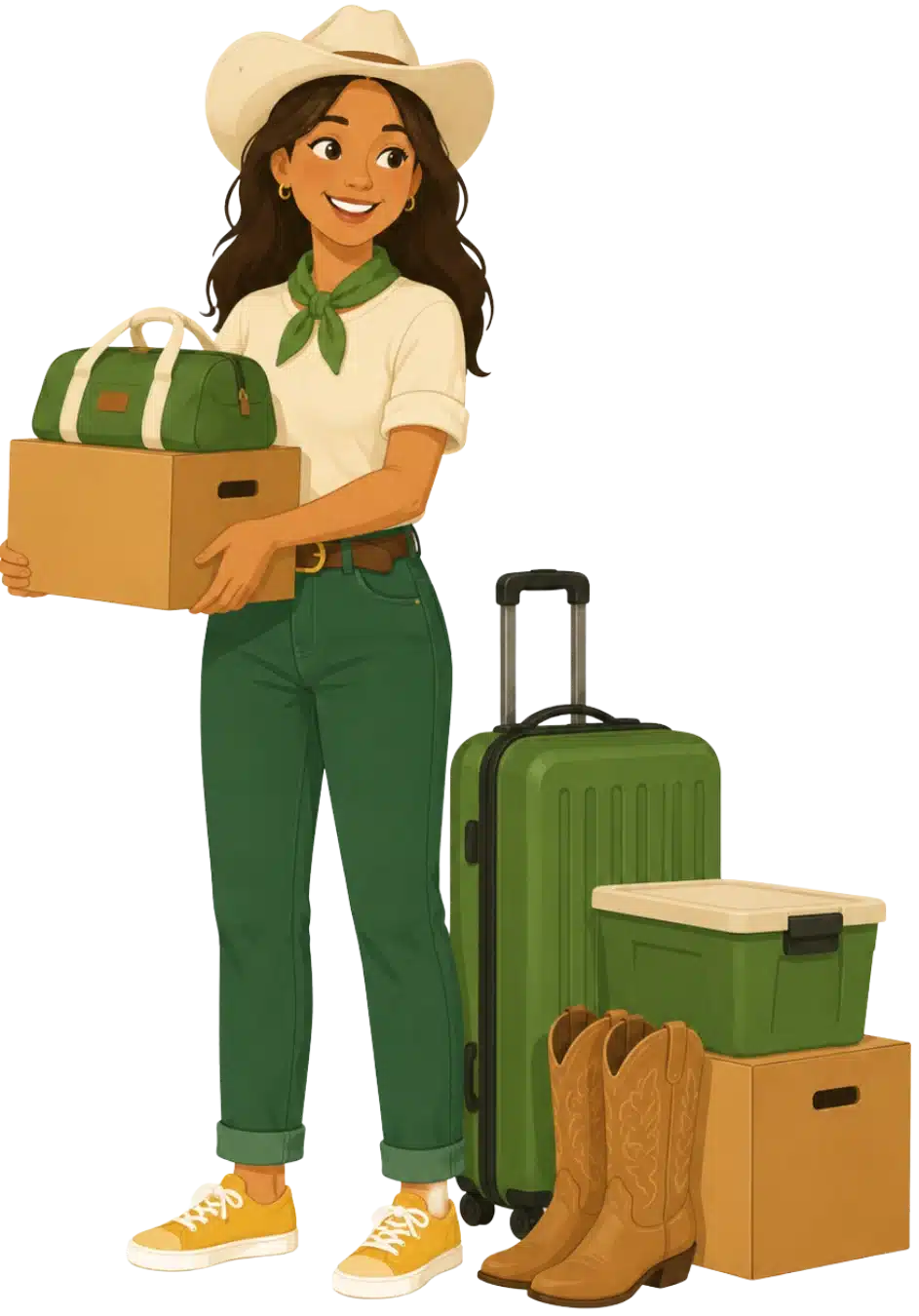 OurSpace renter with moving boxes, luggage, and cowboy boots during Calgary Stampede season