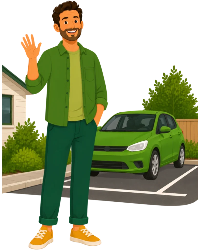 Friendly OurSpace host waving in front of his home and driveway available for storage
