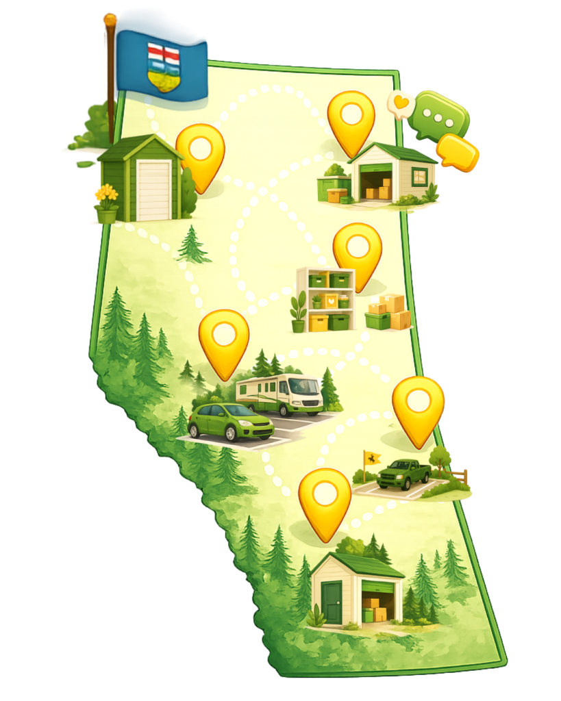 Illustrated map of Alberta showing the peer-to-peer storage sharing economy with homes, garages, and storage spots